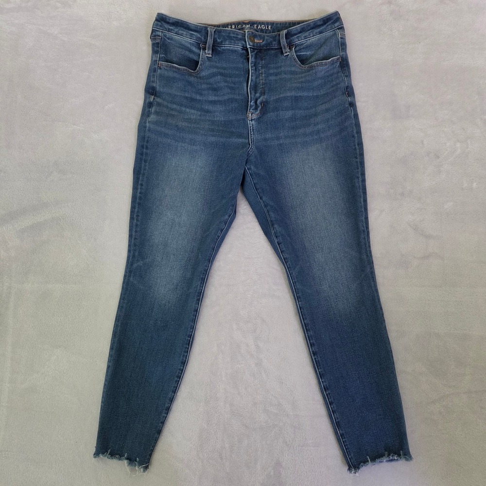 American Eagle The Dream Jean High Rise Skinny Raw Hem Blue Jeans 14 Short